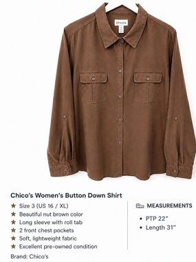 Vintage Chico's nut  Brown Casual blouse or Shacket in Sz 3